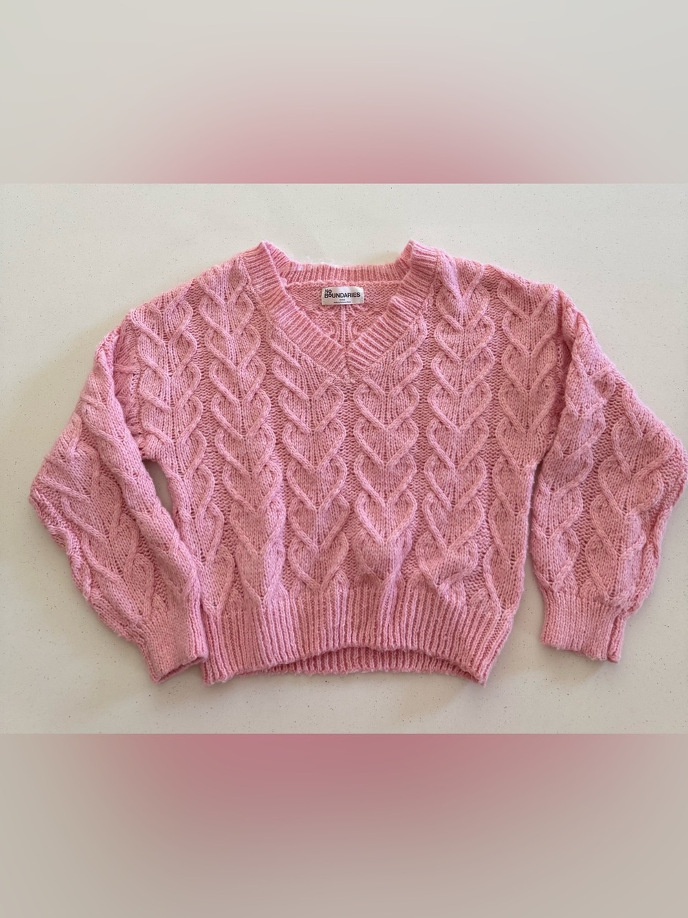No Boundaries Pastel Pink Cable V-Neck Sweater